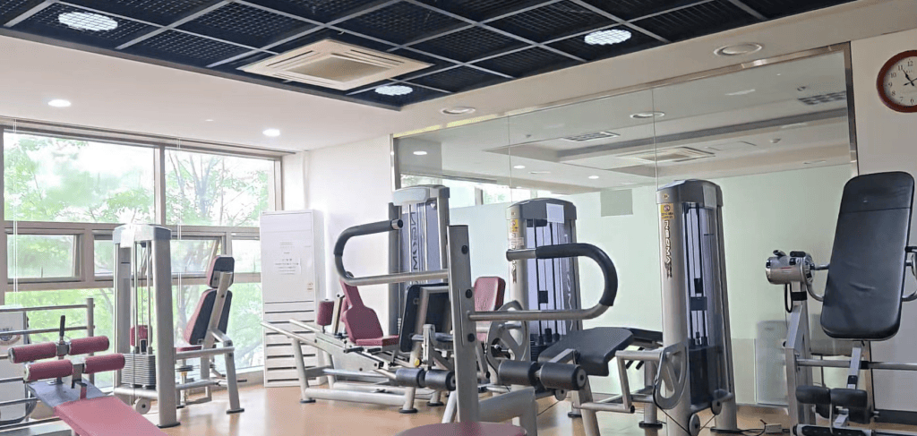 An old apartment gym in Korea, with treadmills lined up by the window
